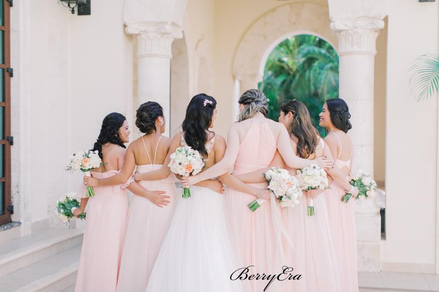 Pink Color Mismatched Bridesmaid Dresses, Chiffon Wedding Guest Dresses - RongMoon