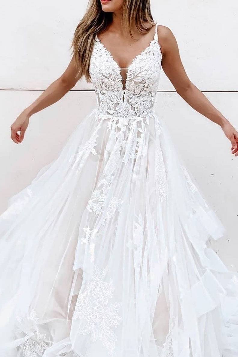 White A-line tulle lace long prom dress white lace long evening dress - RongMoon