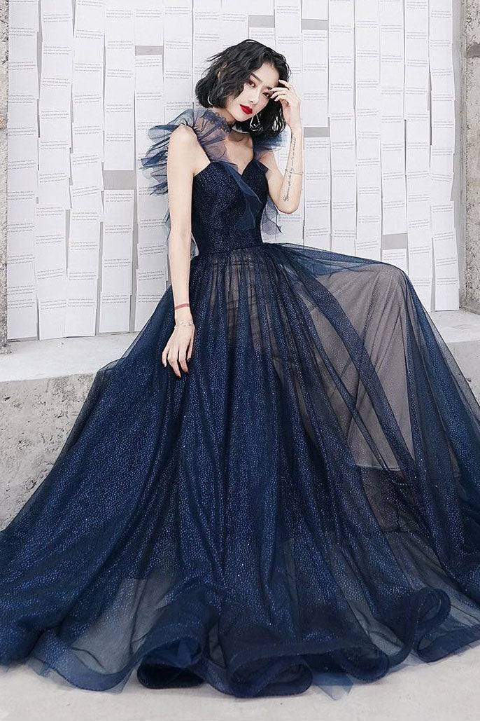 Dark blue sweetheart tulle long prom dress blue tulle formal dress - RongMoon