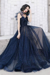 Dark blue sweetheart tulle long prom dress blue tulle formal dress - RongMoon