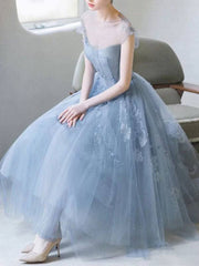 Blue round neck tulle lace short prom dress, blue homecoming dress - RongMoon