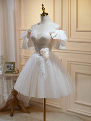 Short Beige Prom Dresses, Beige Tulle Lace Homecoming Dresses - RongMoon