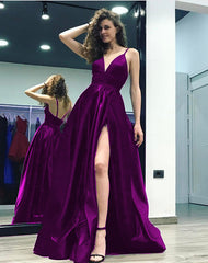 Spaghetti Straps V-neck Satin Prom Long Dresses Leg Split Evening Gowns