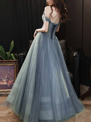 Gray blue tulle long prom dress, gray tulle formal dress - RongMoon