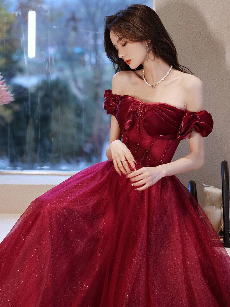 Burgundy off shoulder tulle long prom dress, burgundy evening dress - RongMoon