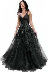 Blue Spaghetti Straps A-Line Tulle Appliques Prom Dress