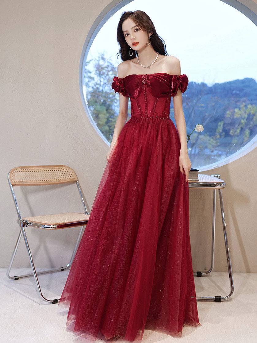 Burgundy off shoulder tulle long prom dress, burgundy evening dress - RongMoon