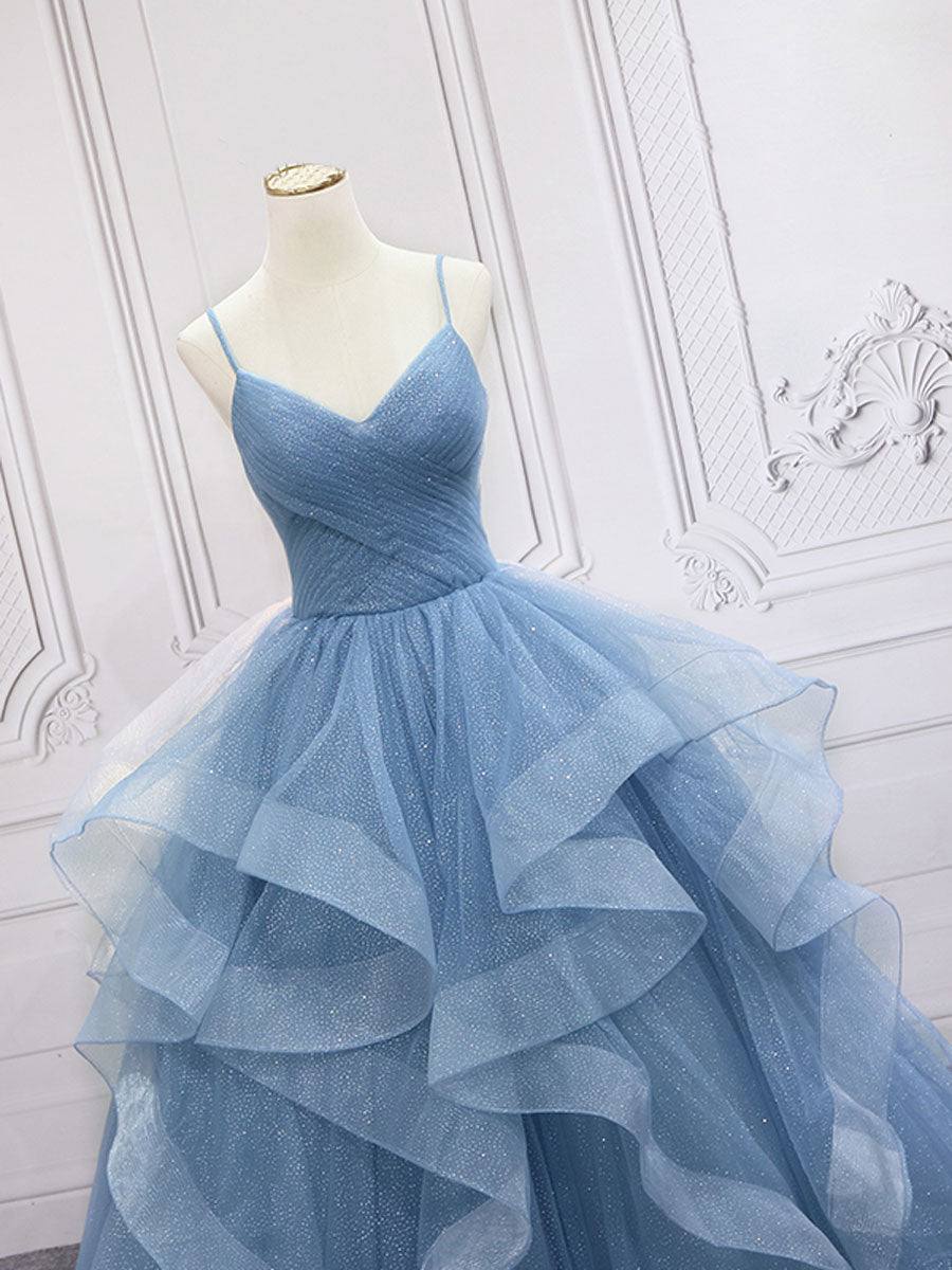 Blue tulle sequin long prom dress, blue tulle formal dress - RongMoon
