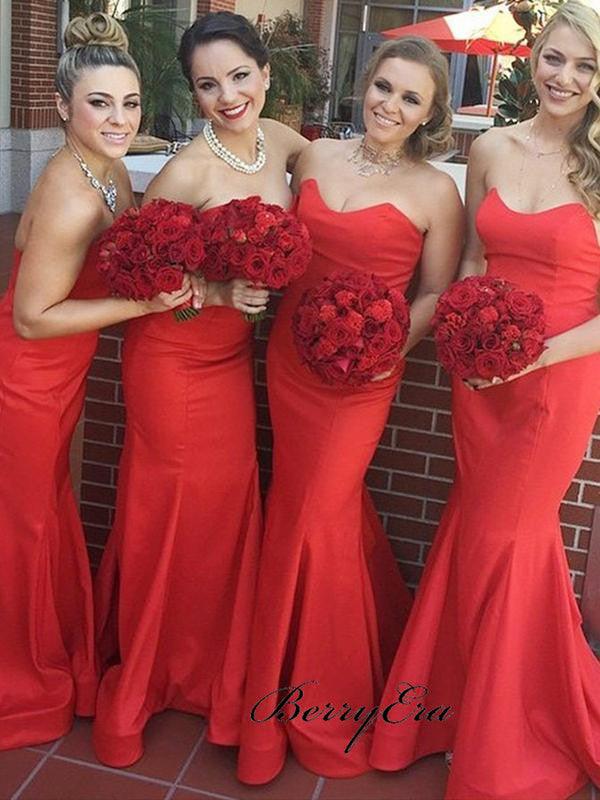 Sweetheart Strapless Bridesmaid Dresses, Red Color Mermaid Bridesmaid Dresses - RongMoon