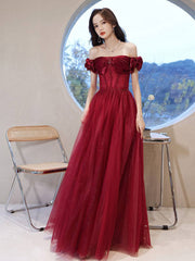Burgundy off shoulder tulle long prom dress, burgundy evening dress - RongMoon