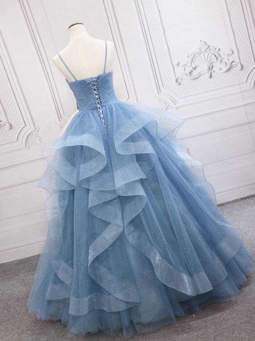 Blue tulle sequin long prom dress, blue tulle formal dress - RongMoon