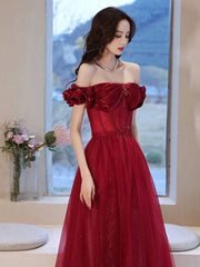 Burgundy off shoulder tulle long prom dress, burgundy evening dress - RongMoon