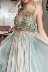Unique v neck tulle lace long prom dress tulle formal dress - RongMoon