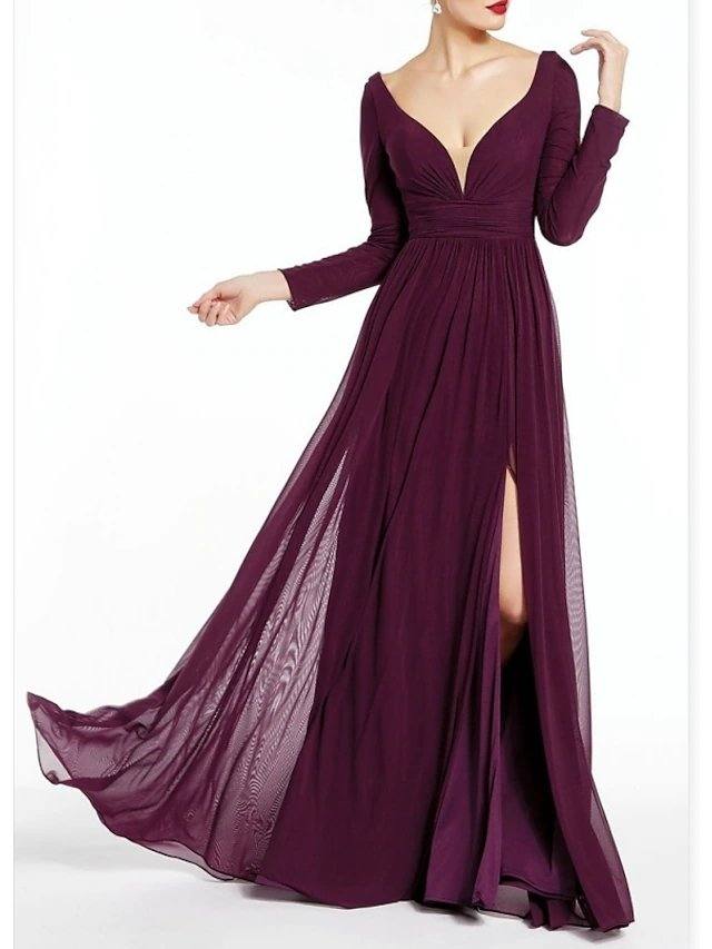 A-Line Mother of the Bride Dress Elegant V Neck Knee Length Chiffon Long Sleeve with Pleats Split Front - RongMoon