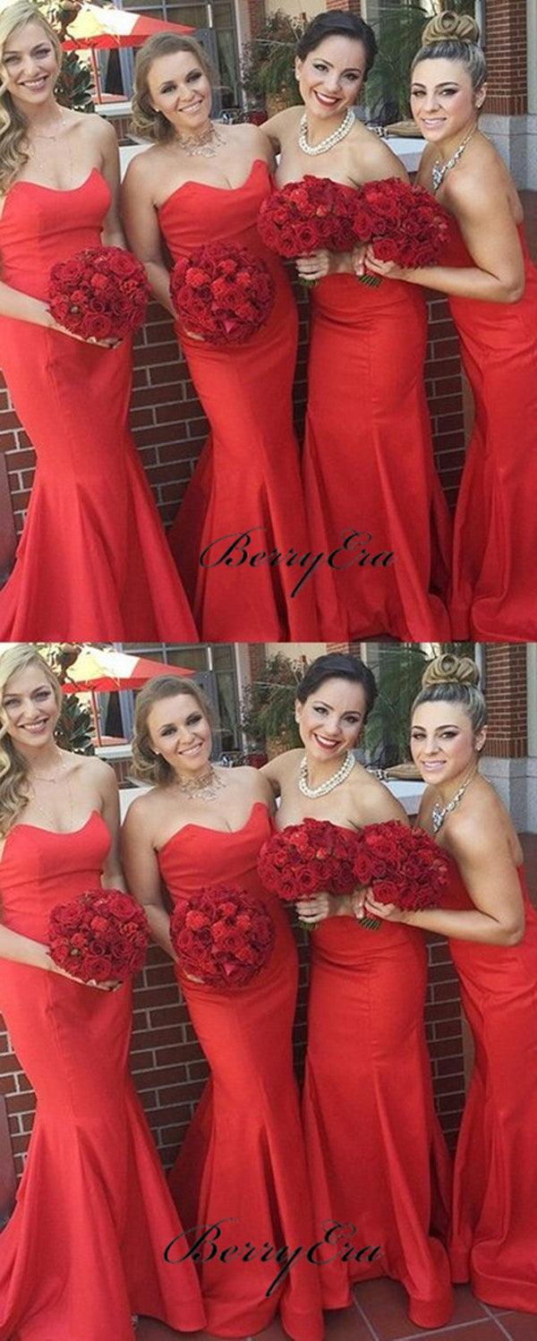 Sweetheart Strapless Bridesmaid Dresses, Red Color Mermaid Bridesmaid Dresses - RongMoon