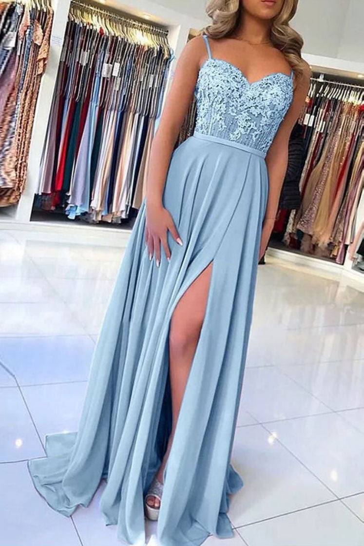 Blue sweetheart neck chiffon long prom dress evening dress - RongMoon