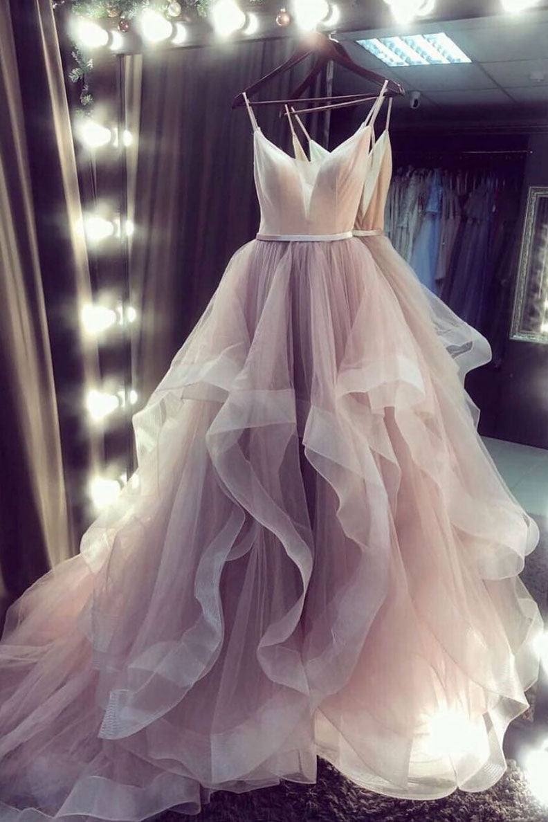 Champagne v neck tulle long prom dress champagne tulle formal dress - RongMoon