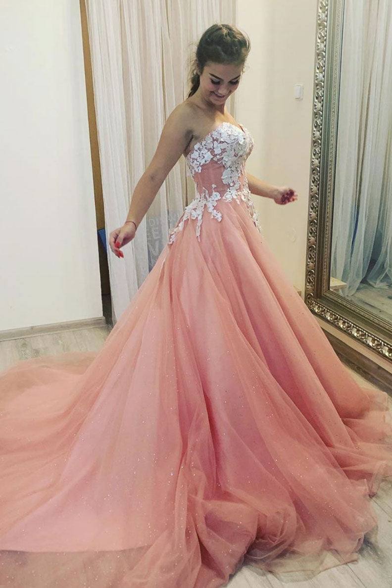 Pink sweetheart tulle lace long prom dress pink tulle lace formal dress - RongMoon