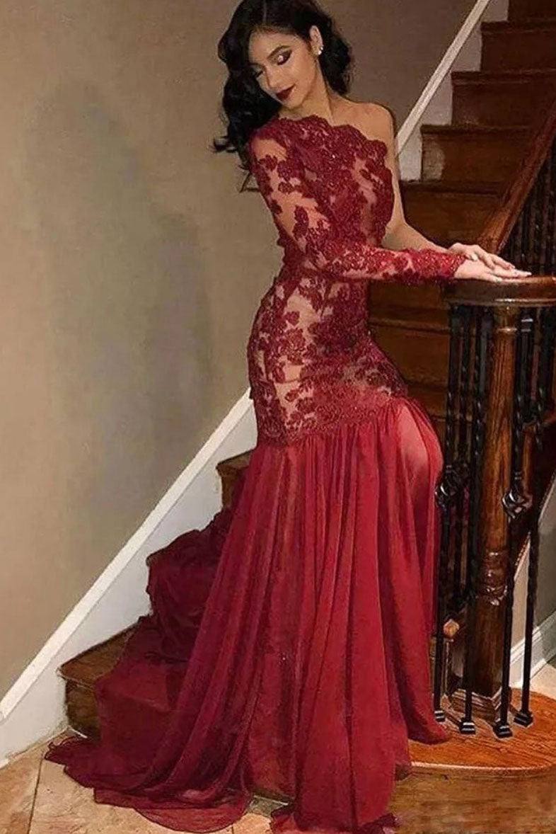 Burgundy lace tulle mermaid long prom dress lace evening dress - RongMoon