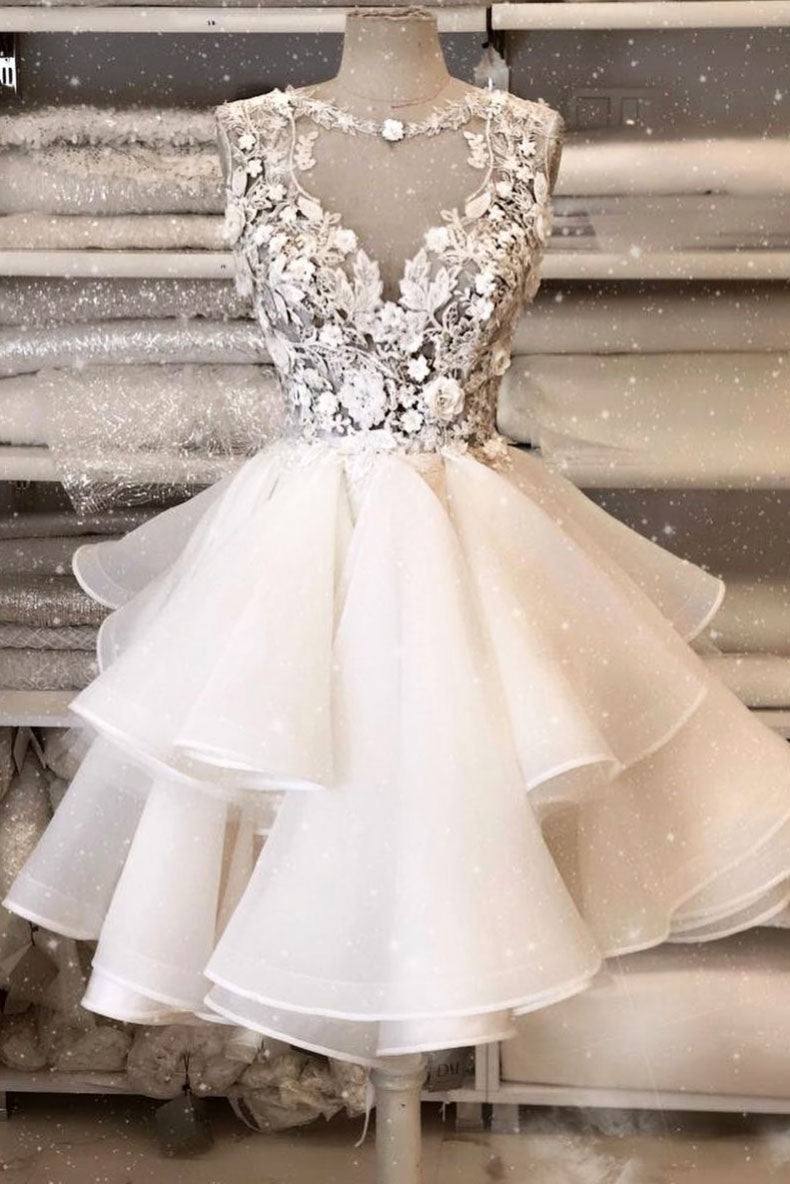 White tulle lace short prom dress white tulle lace homecoming dress - RongMoon