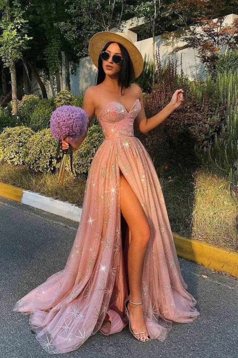 Pink sweetheart neck tulle long prom dress pink bridesmaid dress - RongMoon