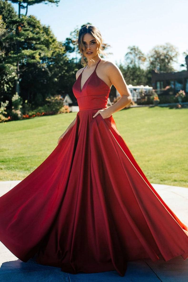 Simple v neck satin long prom dress red evening dress - RongMoon