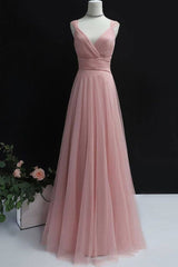 Simple pink tulle long prom dress pink tulle evening dress - RongMoon
