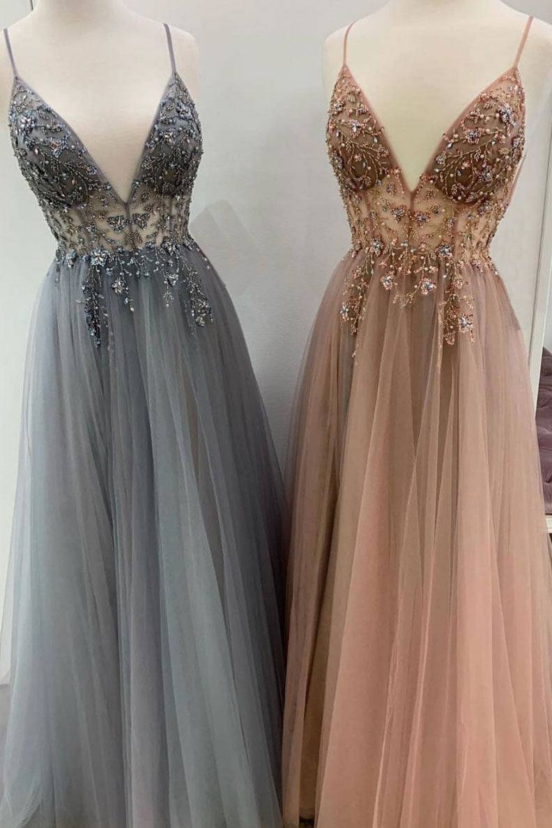 Elegant A line tulle lace long prom dress, tulle formal dress - RongMoon