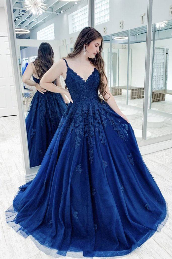 Blue v neck tulle lace long prom dress blue tulle bridesmaid dress - RongMoon