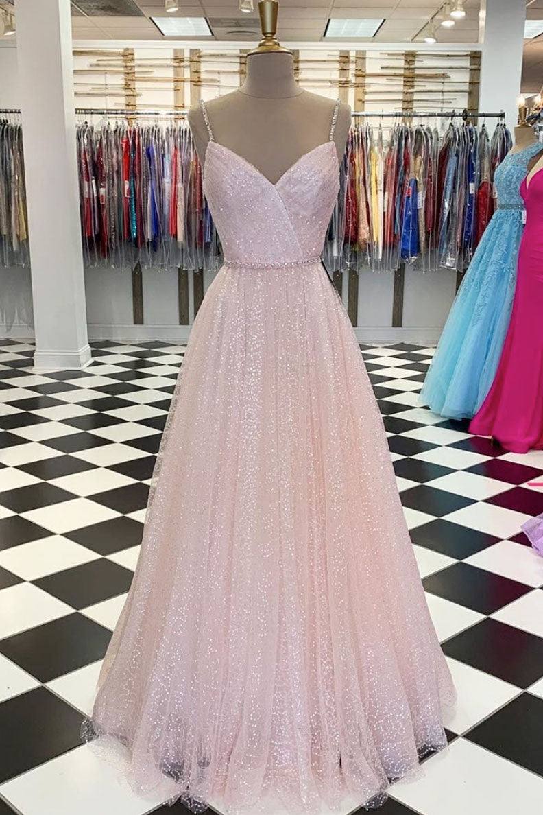 Pink v neck tulle sequin long prom dress pink tulle formal dress - RongMoon