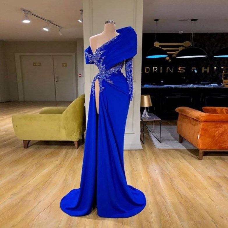 Elegant Royal Blue Evening Gowns Sexy High Slit Off The Shoulder Prom Dresses Appliques Beads Long Sleeve Mermaid Robe De Soiree - RongMoon