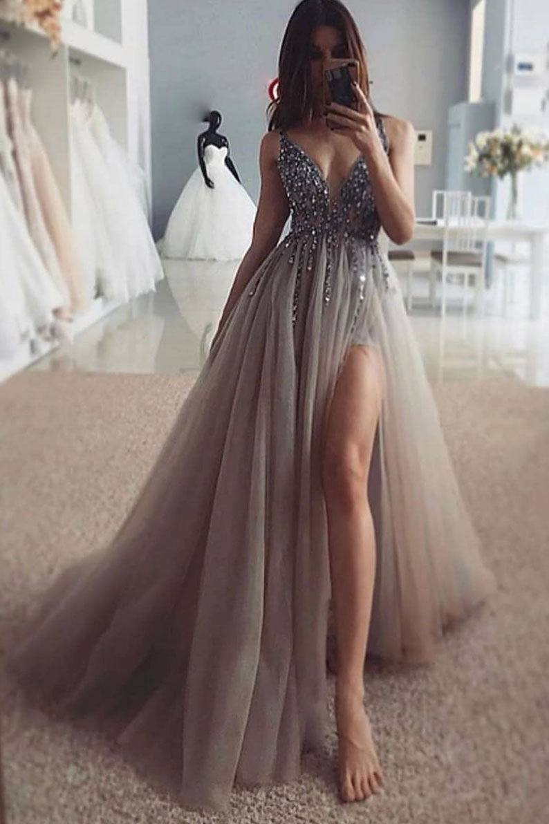 Gray tulle lace formal dress, gray tulle lace long prom dress - RongMoon