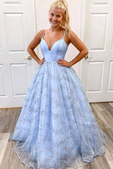 Blue v neck tulle sequin long prom dress blue tulle formal dress - RongMoon