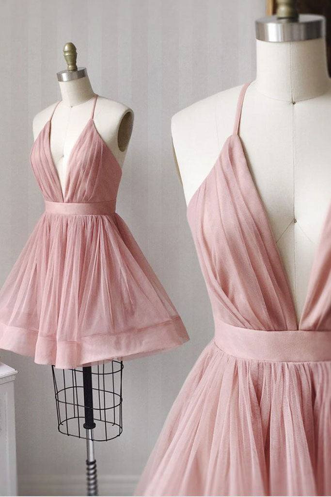 Simple v neck tulle pink short prom dress pink bridesmaid dress - RongMoon
