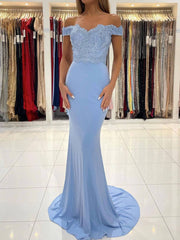 Blue chiffon lace mermaid long prom dress, blue lace evening dress - RongMoon
