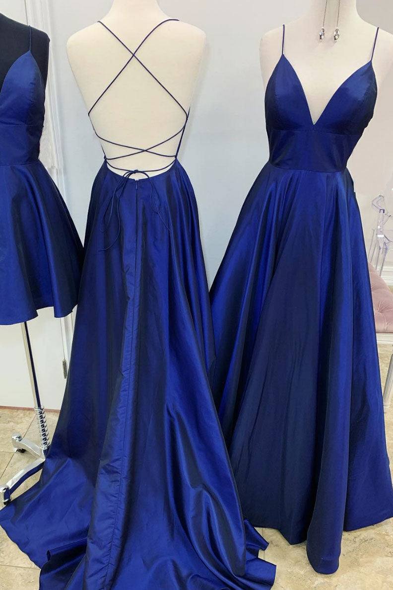 Simple v neck blue satin long prom dress blue evening dress - RongMoon