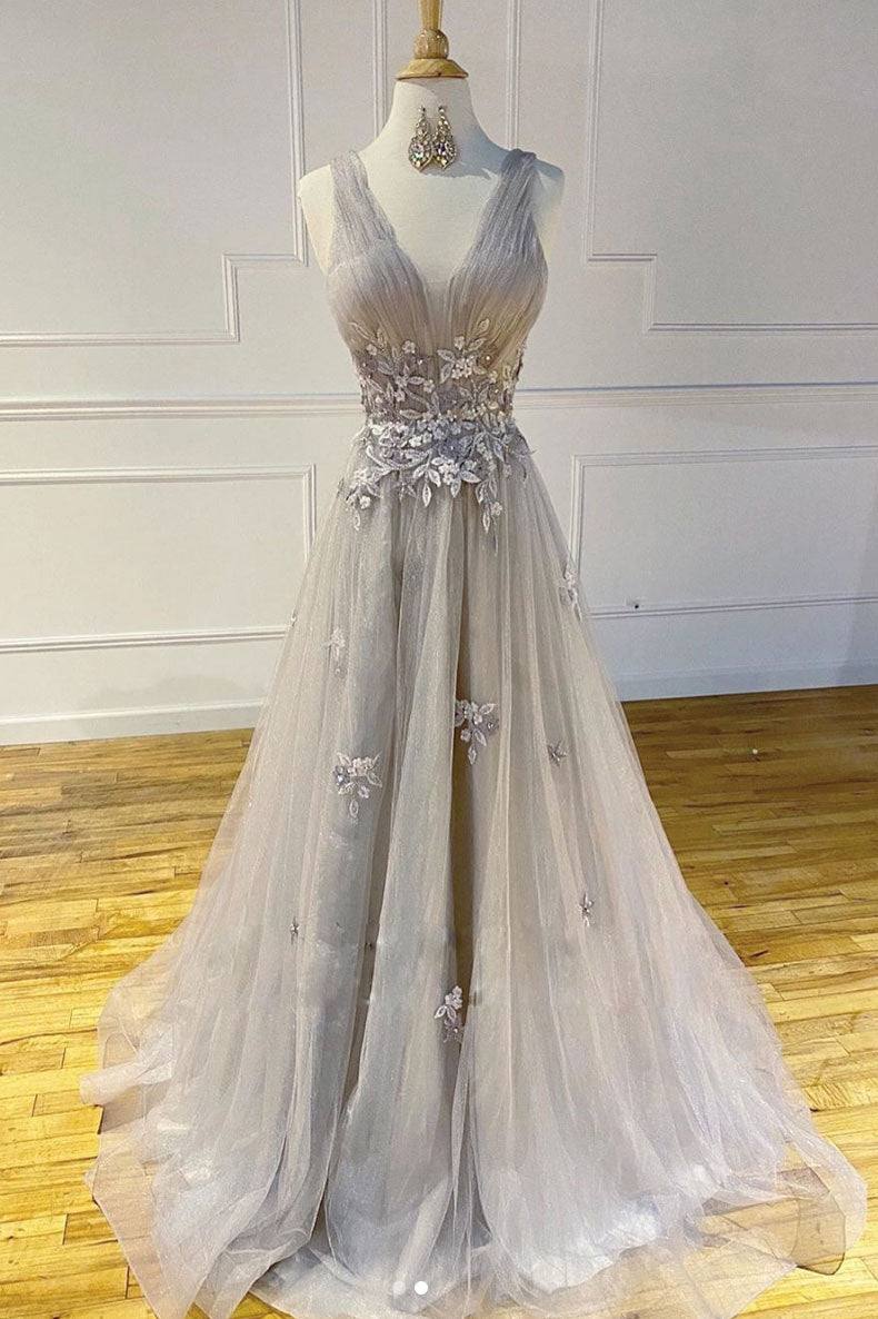 Gray  v  neck tulle lace long prom dress gray lace evening dress - RongMoon