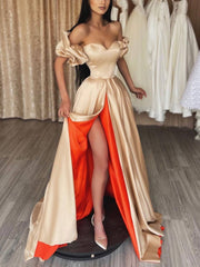 Unique champagne sweetheart satin long prom dress, champagne evening dress - RongMoon