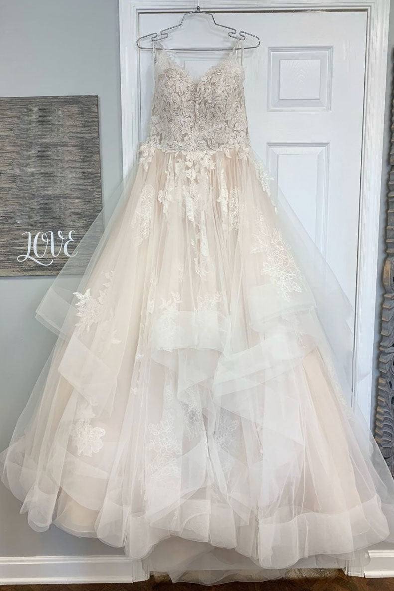 Champagne tulle lace long prom dress champagne lace evening dress - RongMoon