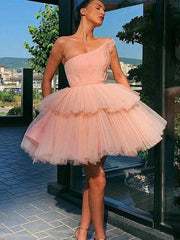 Pink tulle one shoulder short prom dress, pink homecoming dress - RongMoon