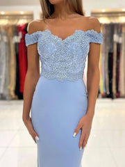 Blue chiffon lace mermaid long prom dress, blue lace evening dress - RongMoon