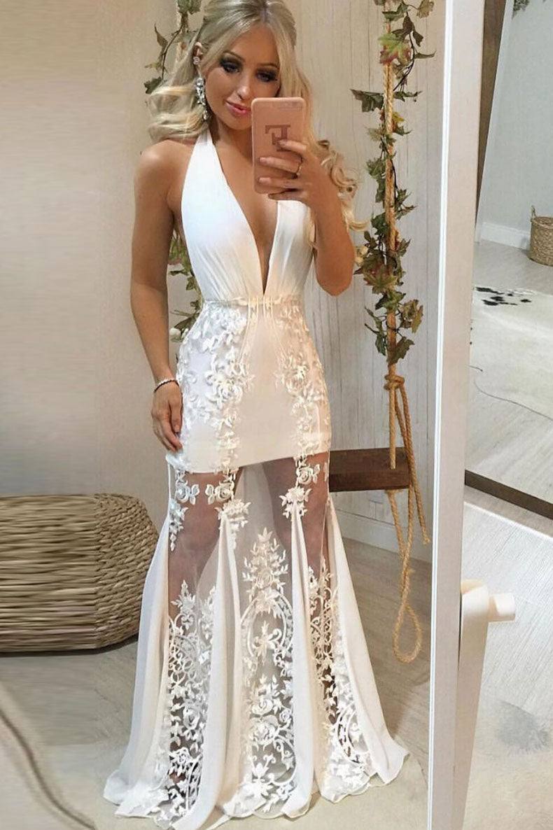 White v neck tulle lace long prom dress lace evening dress - RongMoon
