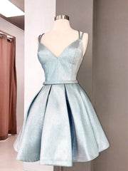 Simple blue v neck satin short prom dress, blue homecoming dress - RongMoon