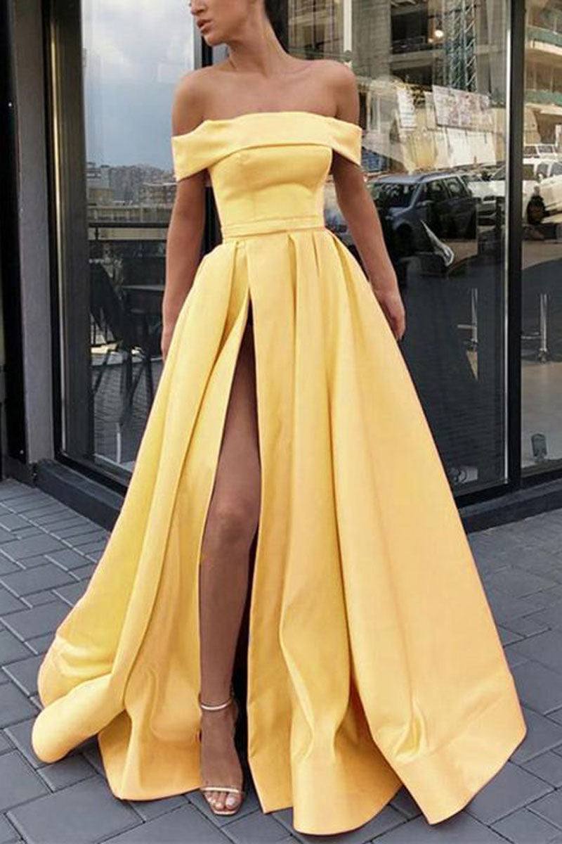 Simple yellow satin long prom dress yellow formal dress - RongMoon