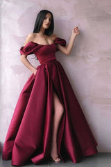 Simple burgundy satin long prom dress burgundy formal dress - RongMoon