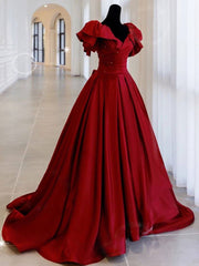 Burgundy off shoulder satin long prom dress, burgundy evening dress - RongMoon