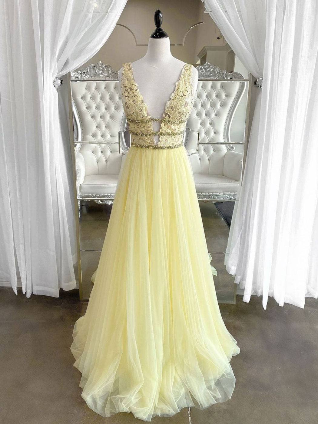 Yellow v neck tulle lace long prom dress, yellow tulle lace evening dress - RongMoon