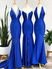 Simple Royal blue v neck mermaid long prom dress blue evening dress - RongMoon
