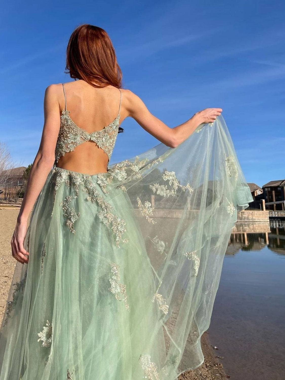 Green tulle lace long prom dress, green tulle formal dress - RongMoon