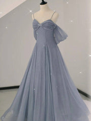 Gray A line tulle off shoulder prom dress, gray long evening dress - RongMoon